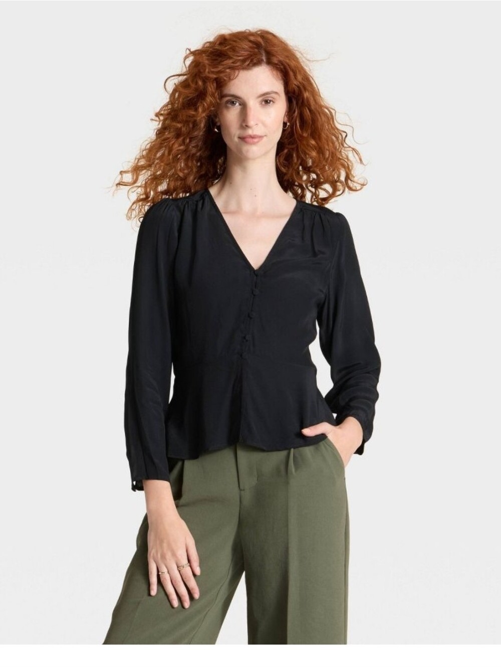 A New Day Black Peplum Blouse XL Long Sleeve V-Neck Button Front Top